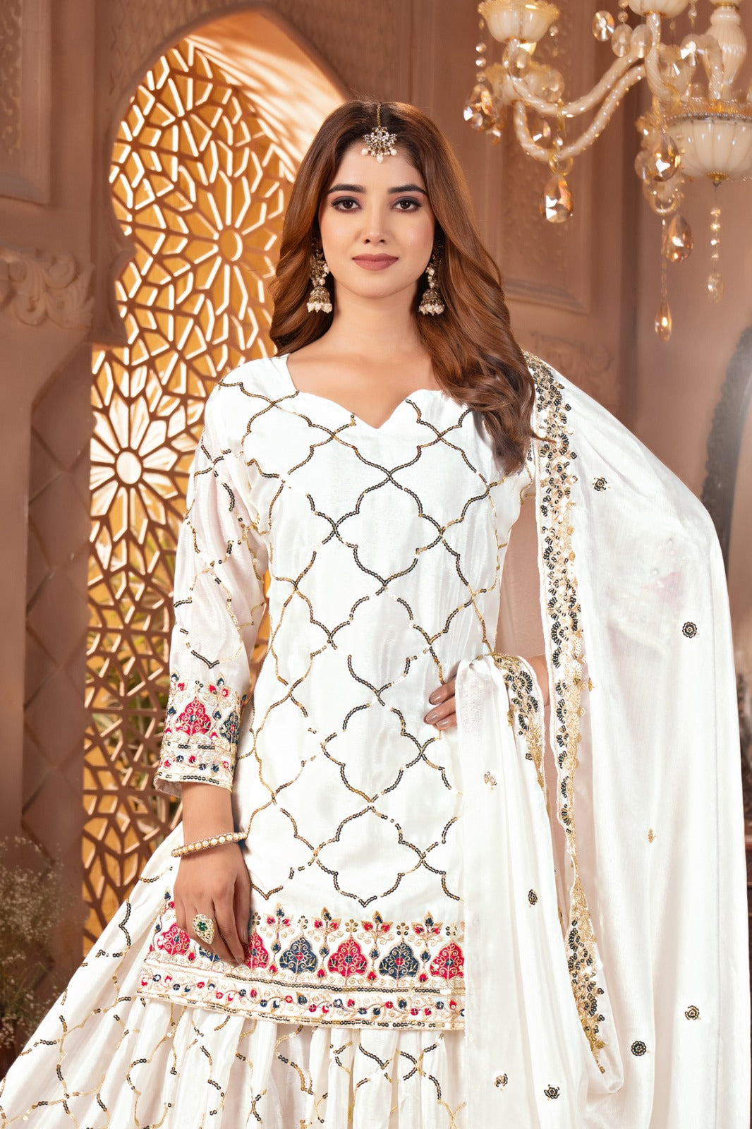 New Arrival | Heavy Chinon Silk Embroidered Party Wear Top & Sharara Palazzo-ND-5017