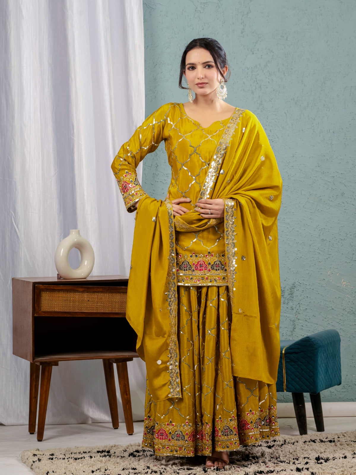 New Arrival | Heavy Chinon Silk Embroidered Party Wear Top & Sharara Palazzo-ND-5017