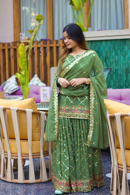 New Arrival | Heavy Chinon Silk Embroidered Party Wear Top & Sharara Palazzo-ND-5017