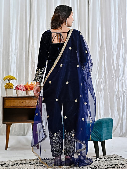 Luxury Pure Velvet Heavy Embroidered Suit Set with Multi-Sequence Work | Dupatta & Pant