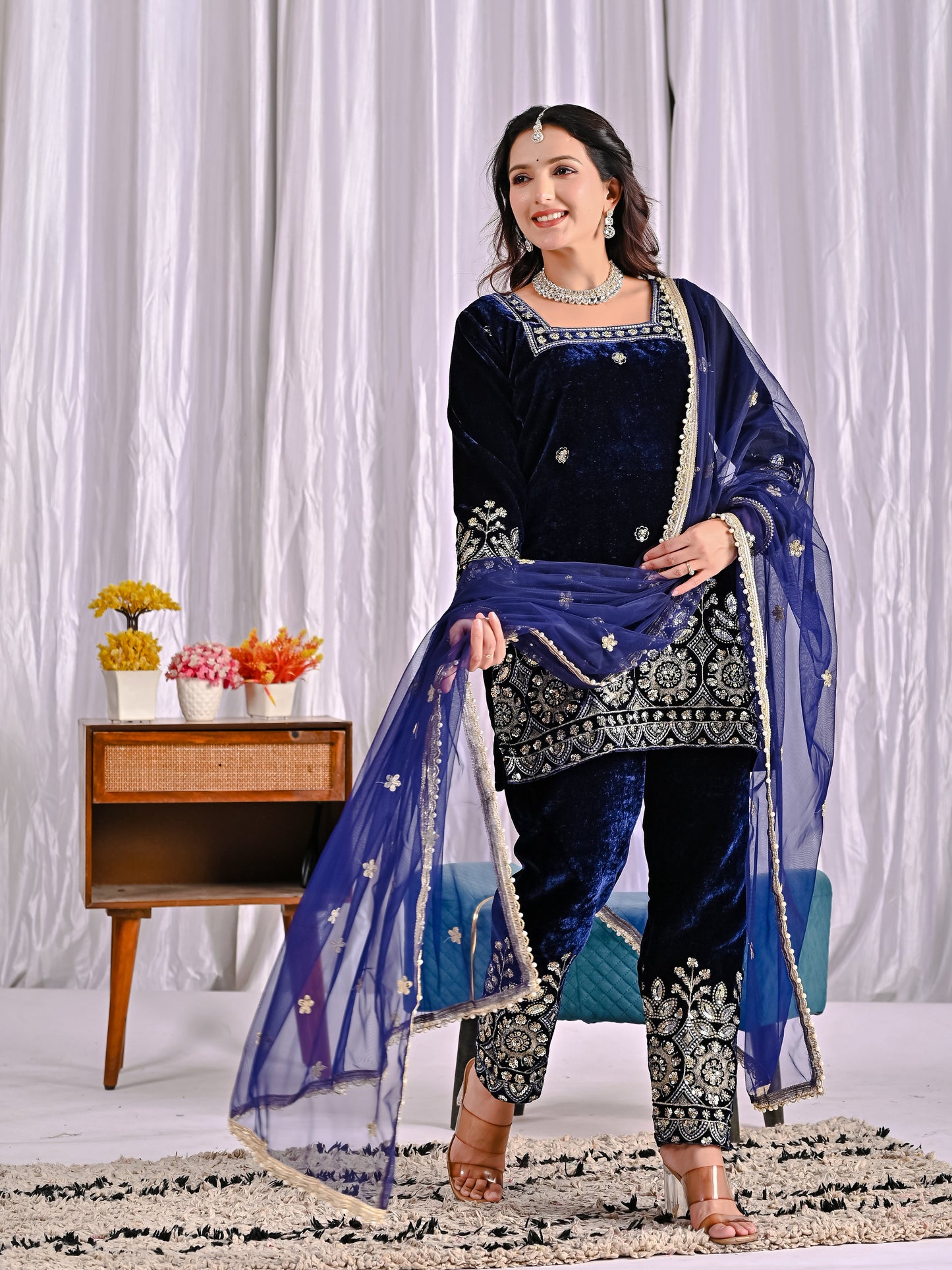 Luxury Pure Velvet Heavy Embroidered Suit Set with Multi-Sequence Work | Dupatta & Pant