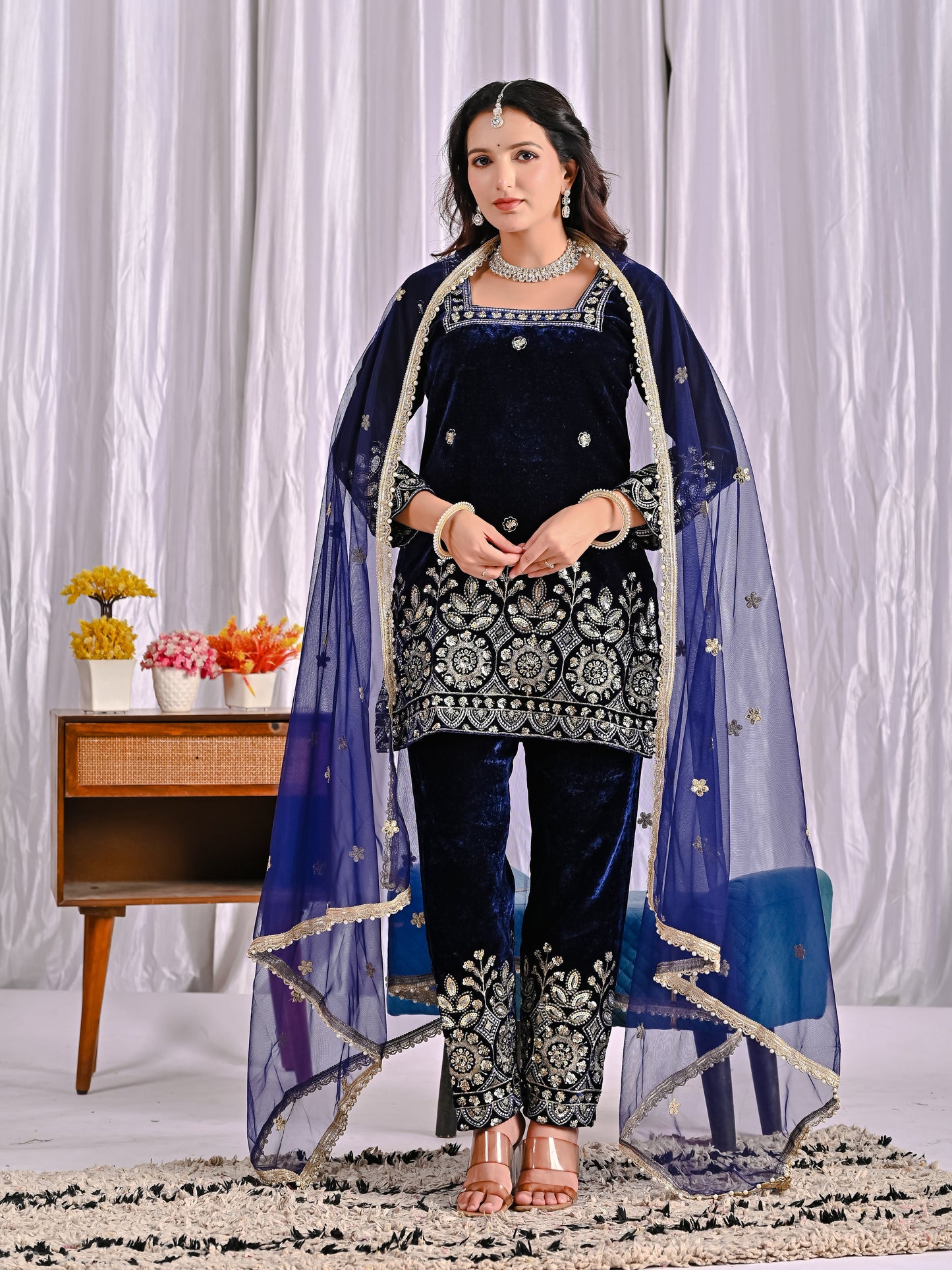 Luxury Pure Velvet Heavy Embroidered Suit Set with Multi-Sequence Work | Dupatta & Pant