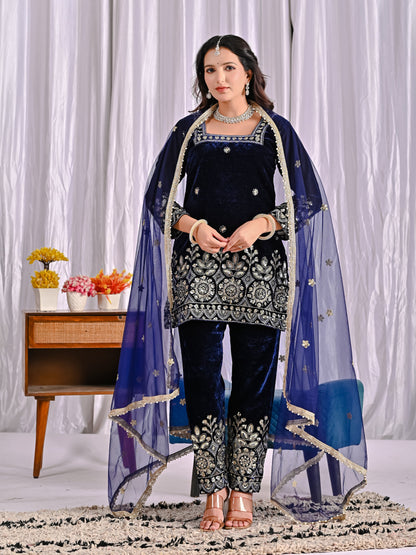Luxury Pure Velvet Heavy Embroidered Suit Set with Multi-Sequence Work | Dupatta & Pant