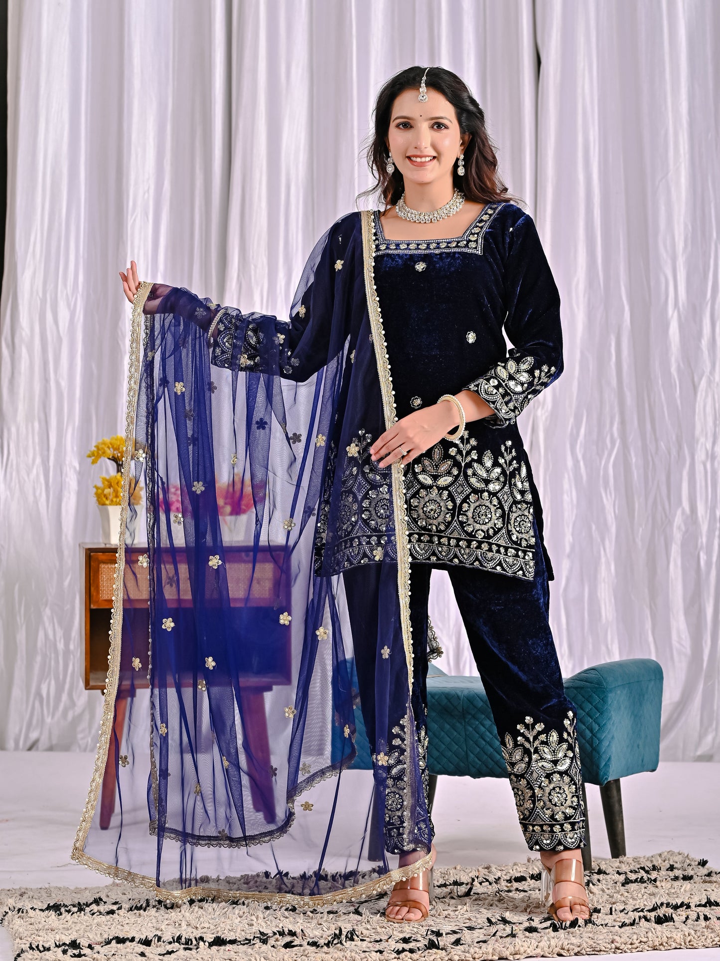 Luxury Pure Velvet Heavy Embroidered Suit Set with Multi-Sequence Work | Dupatta & Pant