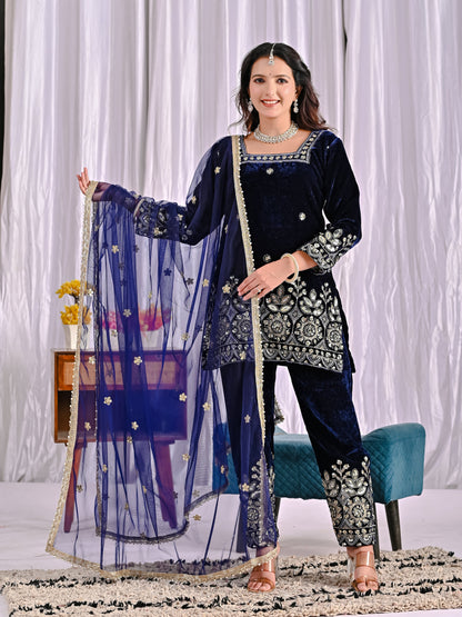 Luxury Pure Velvet Heavy Embroidered Suit Set with Multi-Sequence Work | Dupatta & Pant