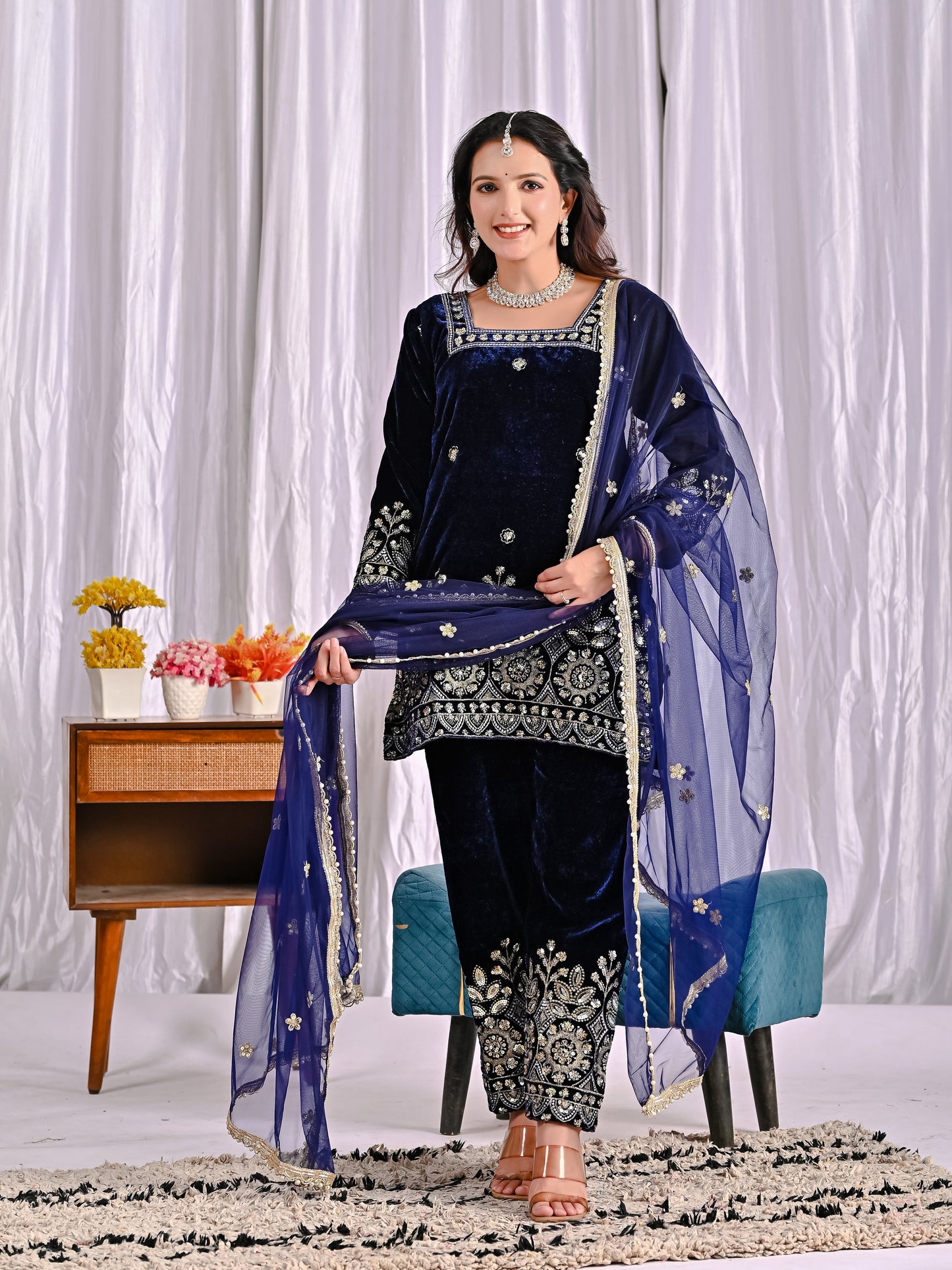 Luxury Pure Velvet Heavy Embroidered Suit Set with Multi-Sequence Work | Dupatta & Pant