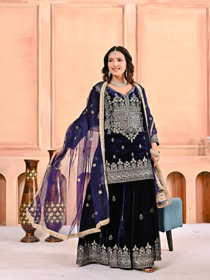 Premium Velvet Sharara Suit Set for Women – Heavy Viscose Velvet Embroidery, Sequence Work, Butterfly Net Dupatta | Fully Stitched | Avishkar Culture