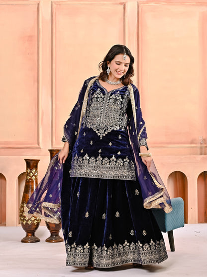 Premium Velvet Sharara Suit Set for Women – Heavy Viscose Velvet Embroidery, Sequence Work, Butterfly Net Dupatta | Fully Stitched | Avishkar Culture