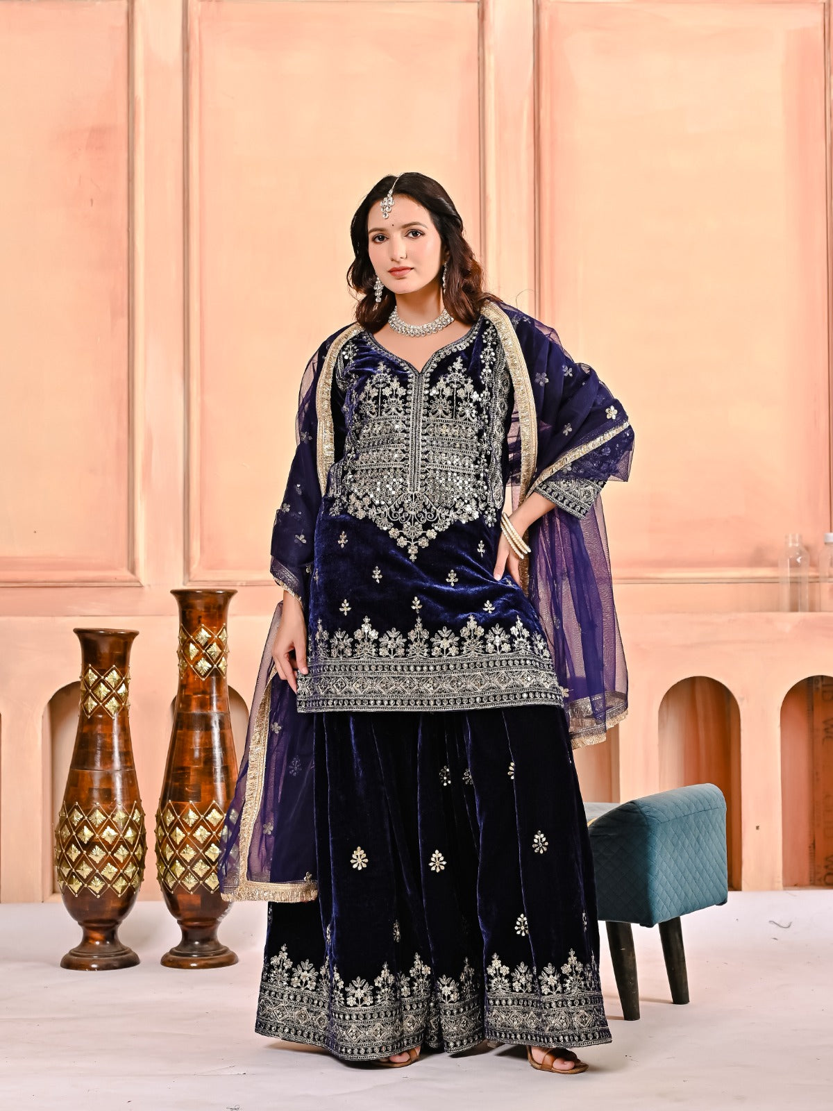Premium Velvet Sharara Suit Set for Women – Heavy Viscose Velvet Embroidery, Sequence Work, Butterfly Net Dupatta | Fully Stitched | Avishkar Culture