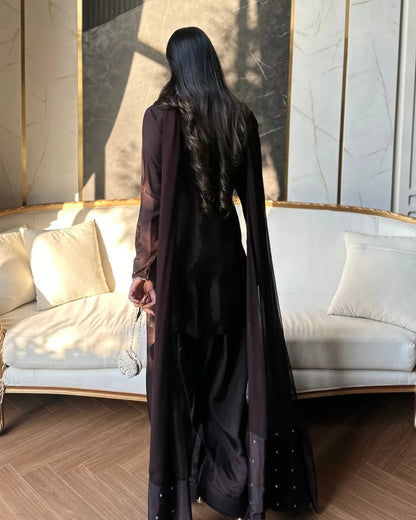 Brown Embroidered Short Kurta Set with Farshi Shalwar & Dupatta – Elegant Festive Ethnic Wear for Women