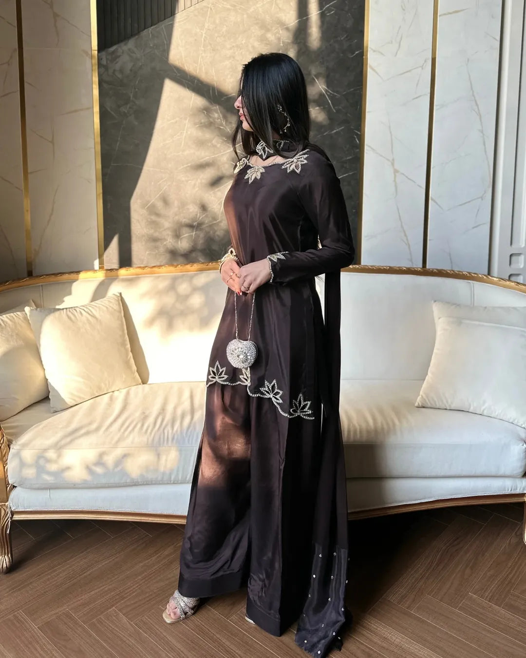 Brown Embroidered Short Kurta Set with Farshi Shalwar & Dupatta – Elegant Festive Ethnic Wear for Women