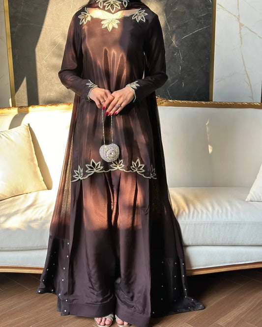 Brown Embroidered Short Kurta Set with Farshi Shalwar & Dupatta – Elegant Festive Ethnic Wear for Women