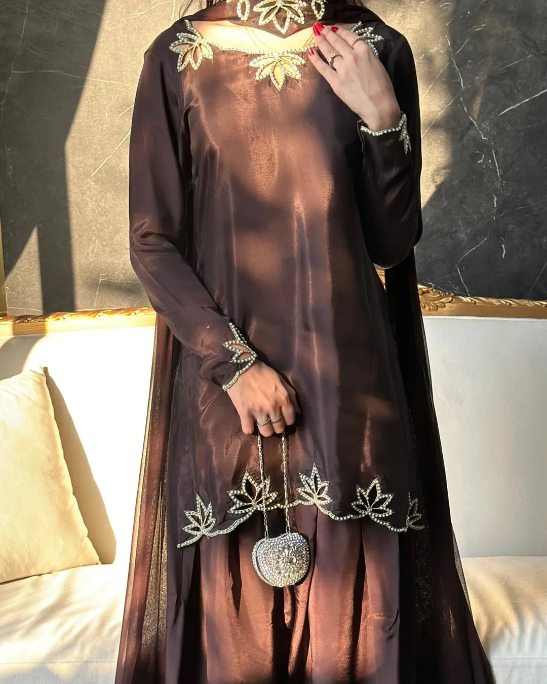 Brown Embroidered Short Kurta Set with Farshi Shalwar & Dupatta – Elegant Festive Ethnic Wear for Women