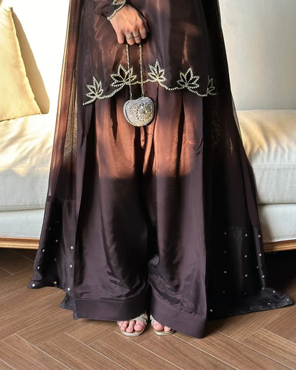 Brown Embroidered Short Kurta Set with Farshi Shalwar & Dupatta – Elegant Festive Ethnic Wear for Women