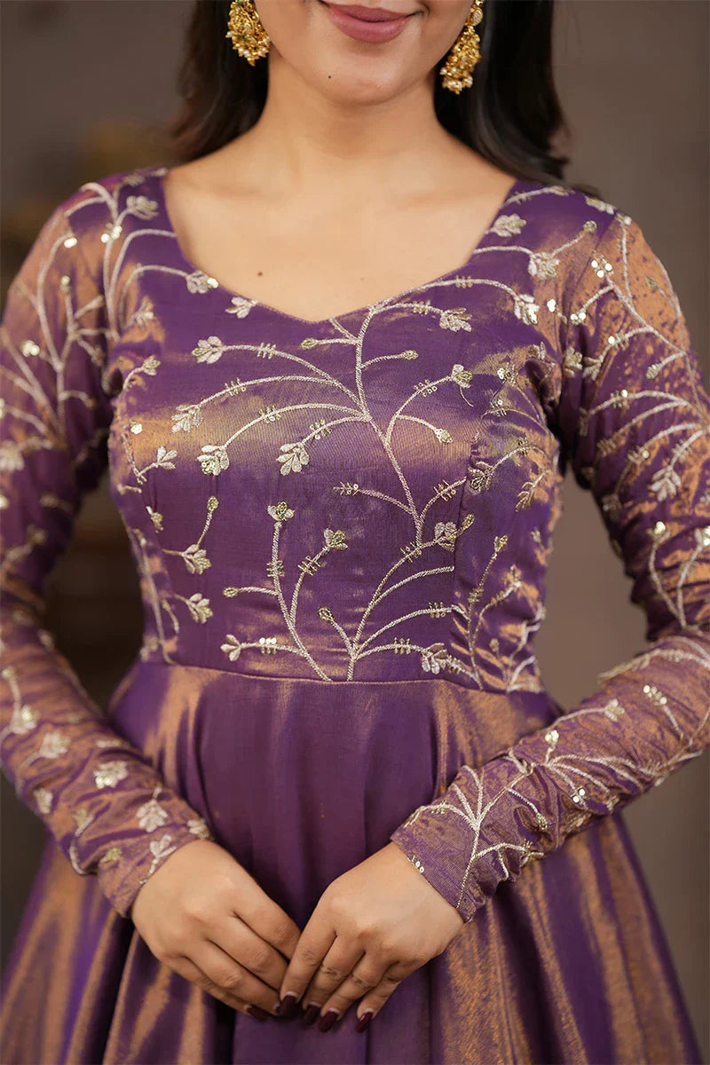 Purple Banarasi Tissue Gown with Embroidered Dupatta