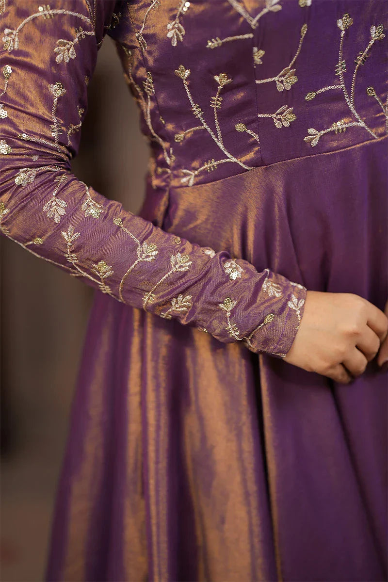 Purple Banarasi Tissue Gown with Embroidered Dupatta