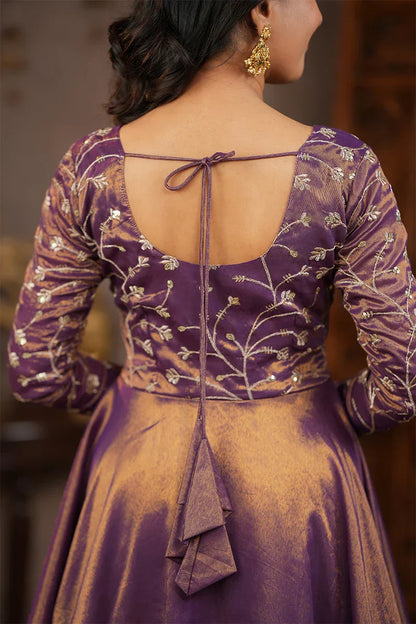 Purple Banarasi Tissue Gown with Embroidered Dupatta