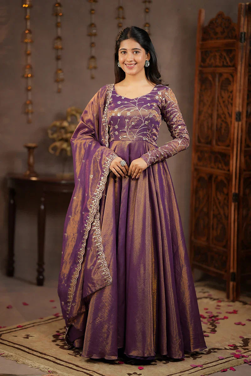 Purple Banarasi Tissue Gown with Embroidered Dupatta
