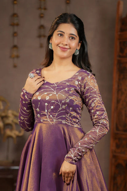 Purple Banarasi Tissue Gown with Embroidered Dupatta