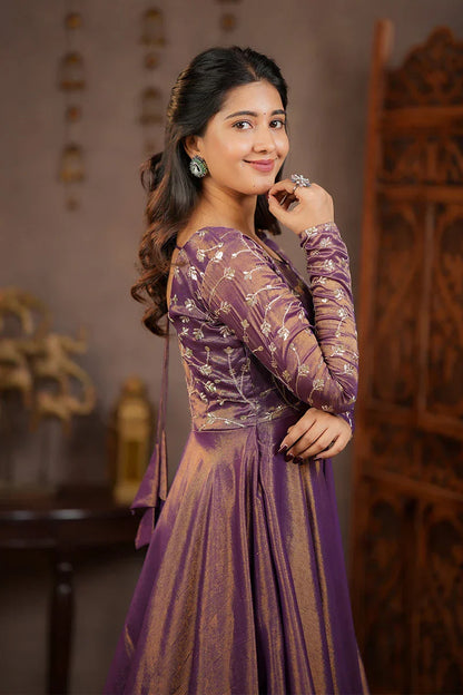 Purple Banarasi Tissue Gown with Embroidered Dupatta