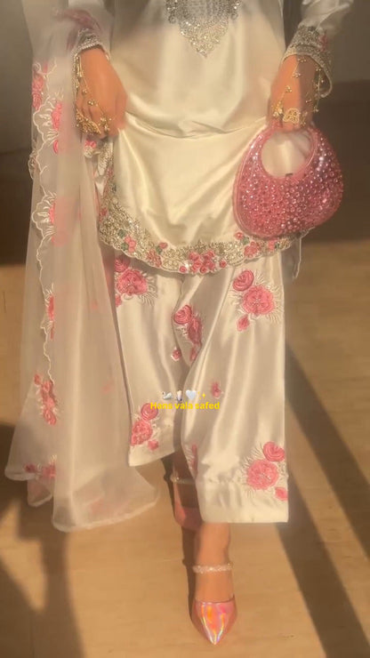 Avishkar Culture White Embroidered Farshi Pant Suit Set in Natural Crepe Silk with Tissue Silk Dupatta