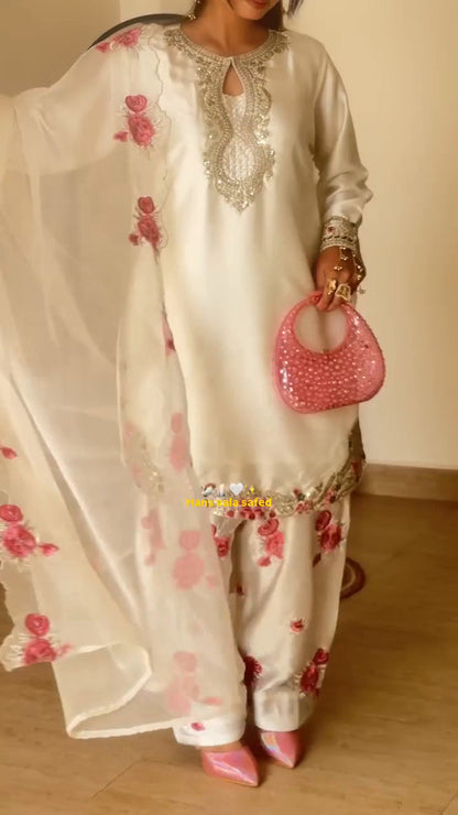 Avishkar Culture White Embroidered Farshi Pant Suit Set in Natural Crepe Silk with Tissue Silk Dupatta