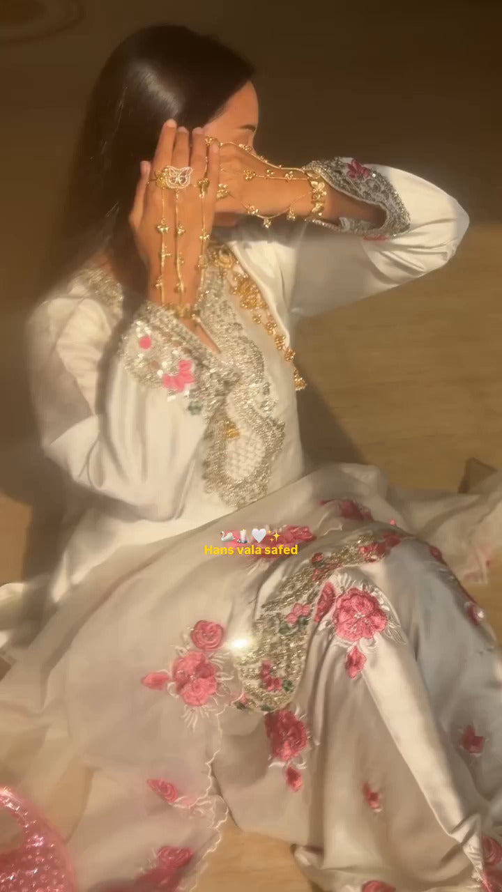 Avishkar Culture White Embroidered Farshi Pant Suit Set in Natural Crepe Silk with Tissue Silk Dupatta