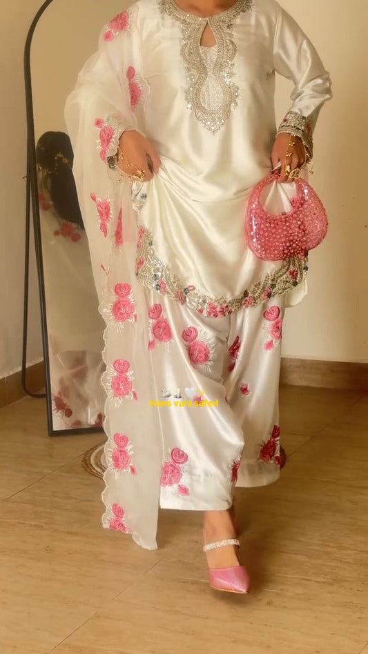 Avishkar Culture White Embroidered Farshi Pant Suit Set in Natural Crepe Silk with Tissue Silk Dupatta