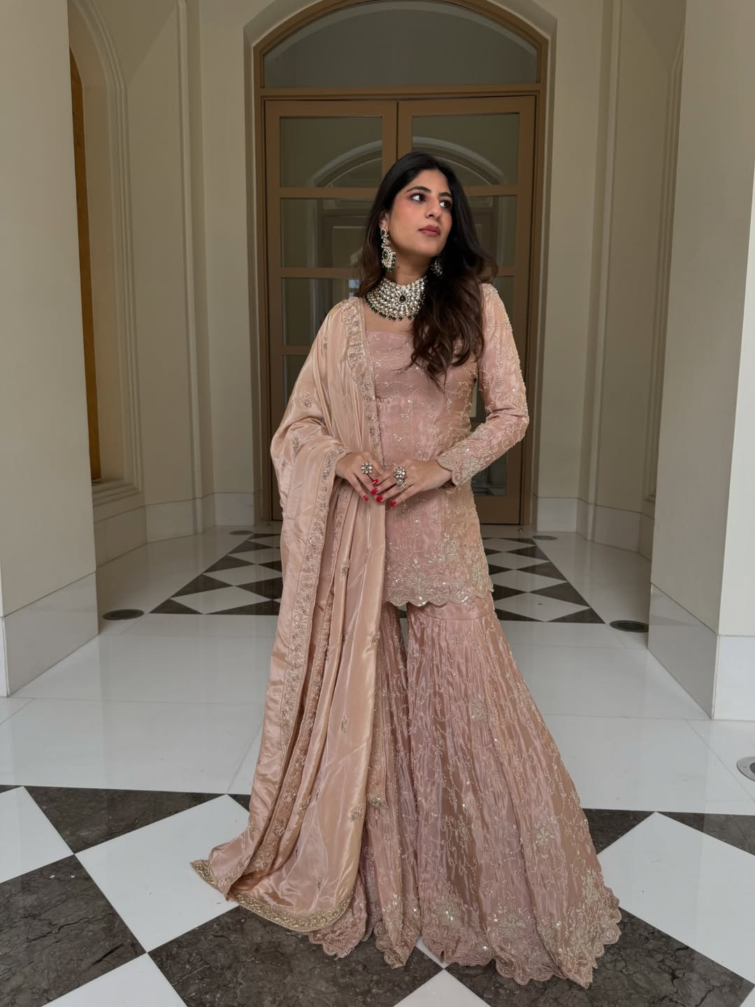 Blush Pink Embroidered Kurta Sharara Set with Dupatta – Elegant Ethnic Wear for Women