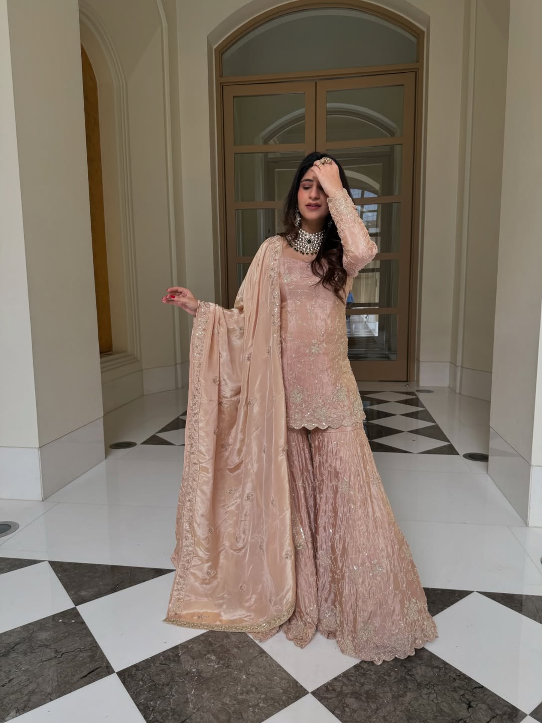 Blush Pink Embroidered Kurta Sharara Set with Dupatta – Elegant Ethnic Wear for Women