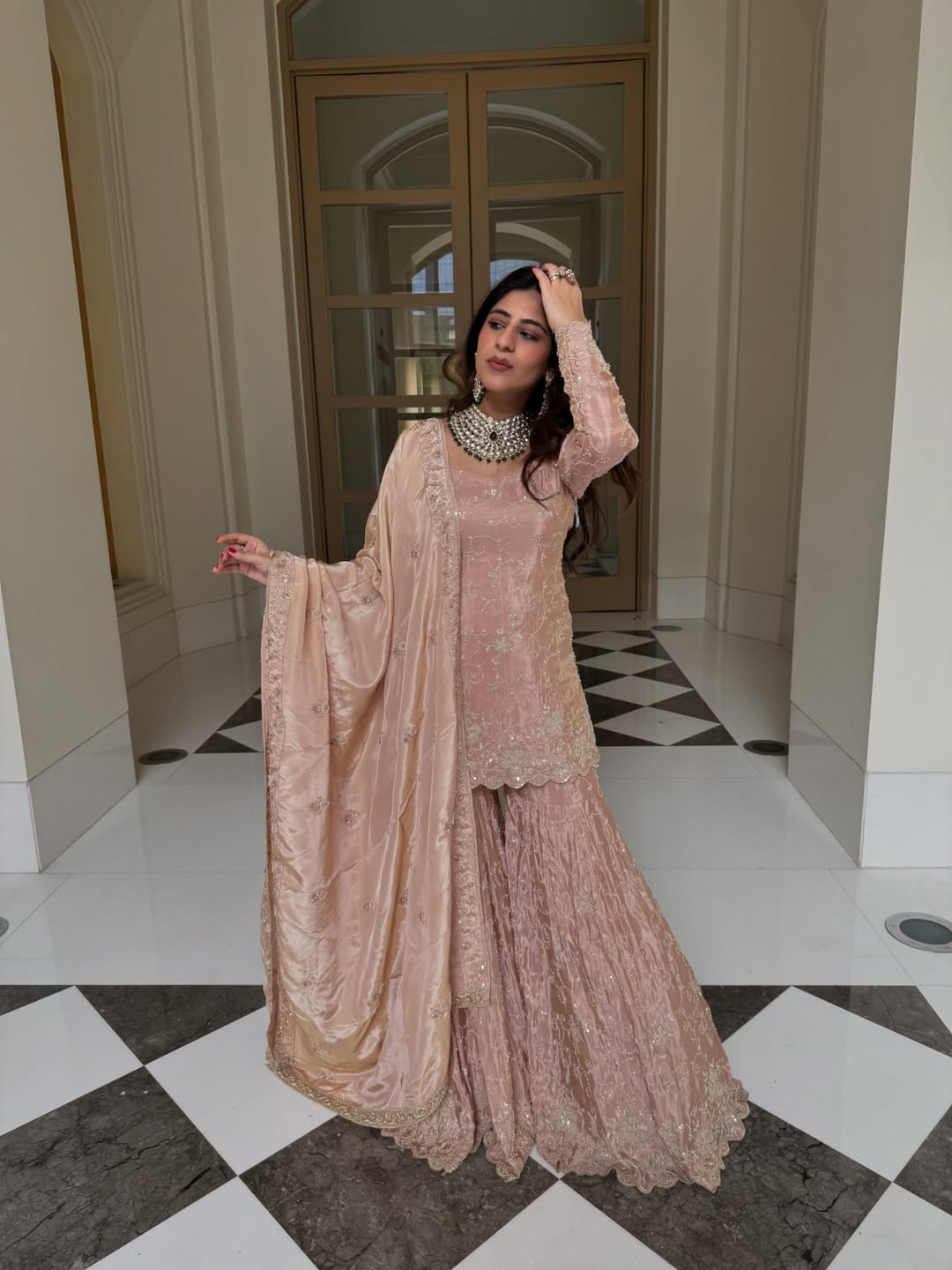 Blush Pink Embroidered Kurta Sharara Set with Dupatta – Elegant Ethnic Wear for Women