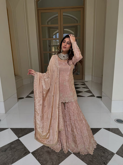 Blush Pink Embroidered Kurta Sharara Set with Dupatta – Elegant Ethnic Wear for Women