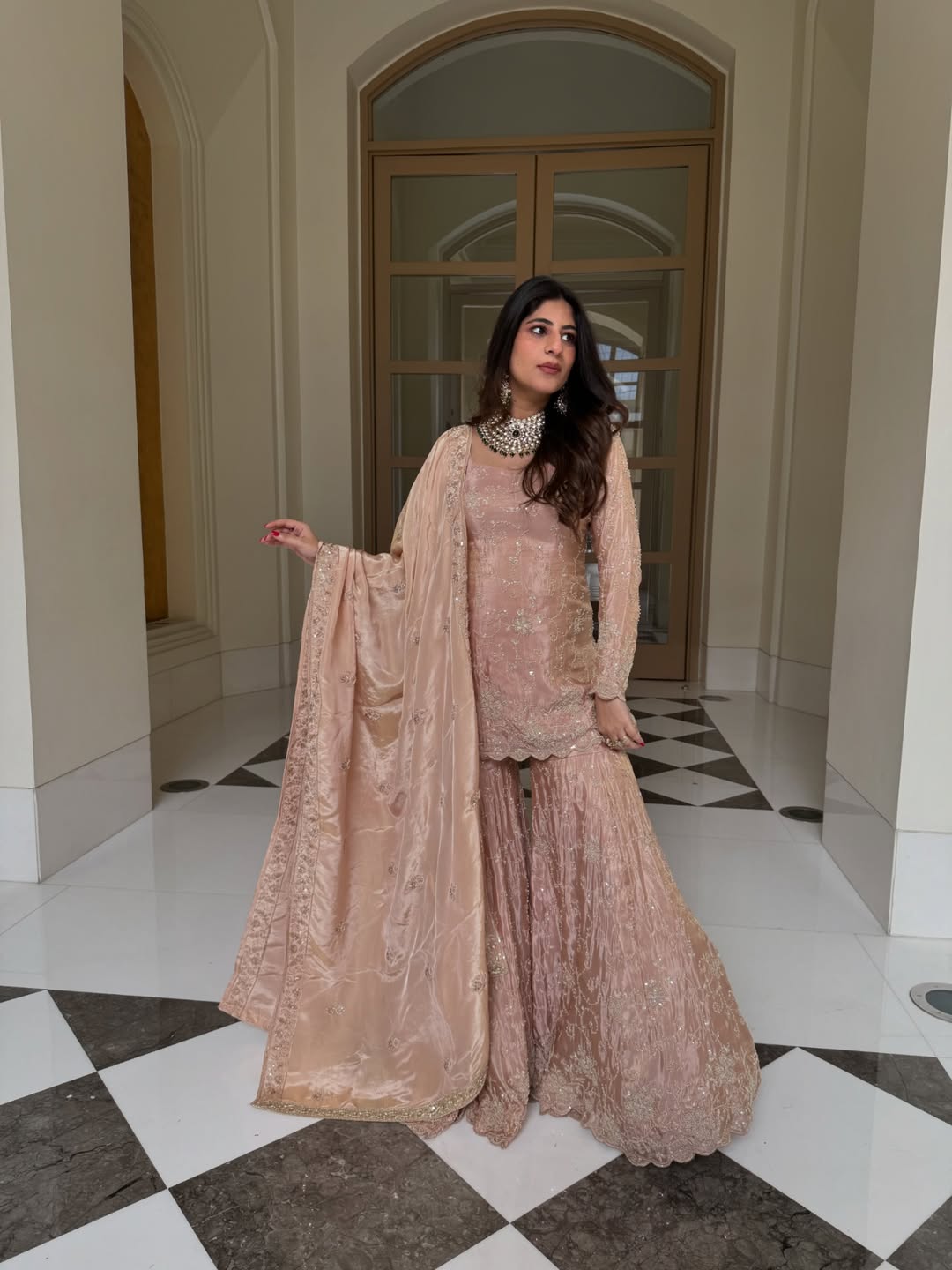 Blush Pink Embroidered Kurta Sharara Set with Dupatta – Elegant Ethnic Wear for Women