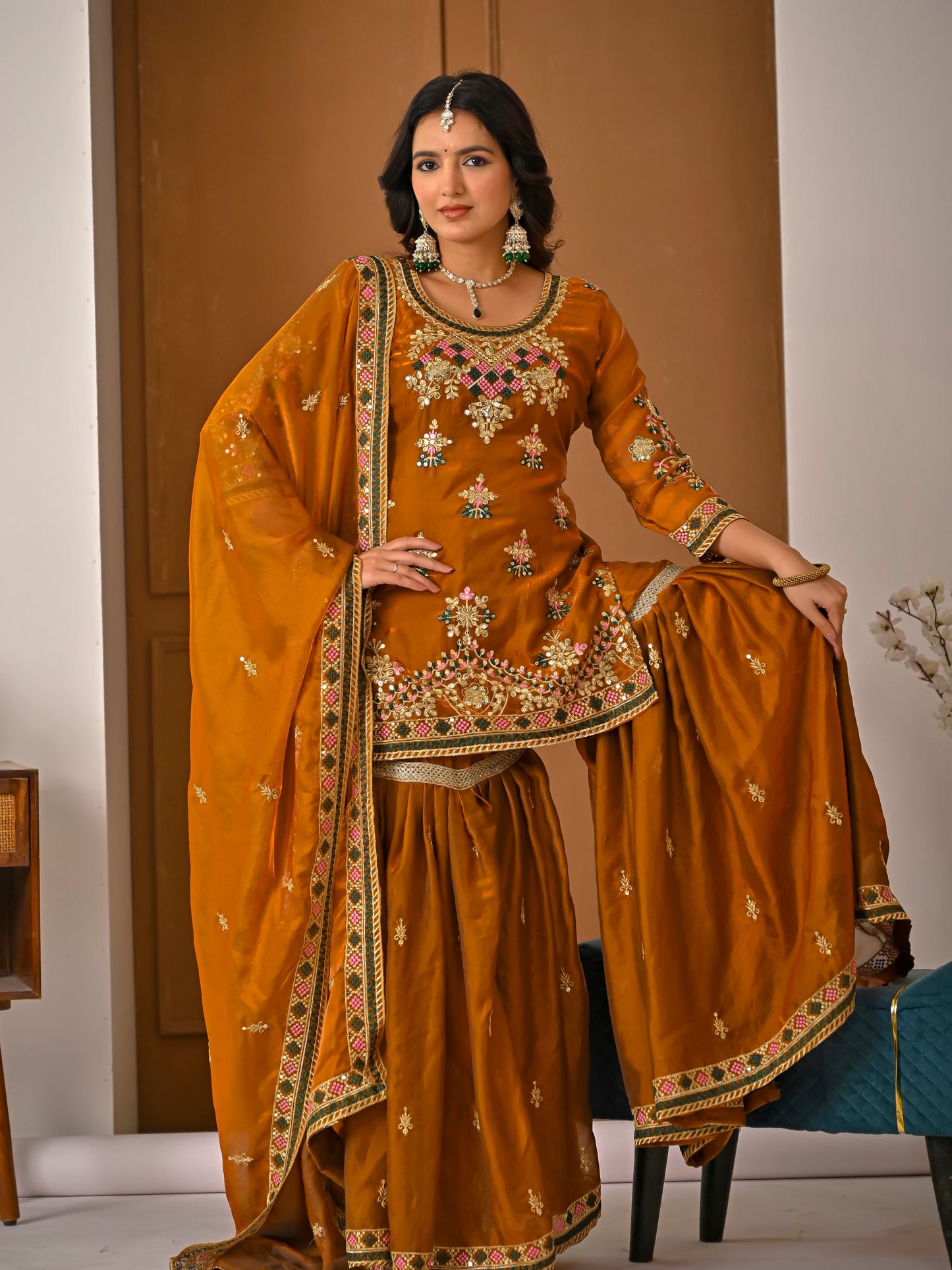 Women's Heavy Silk Sharara Suit Set with 5mm Sequence Embroidery
