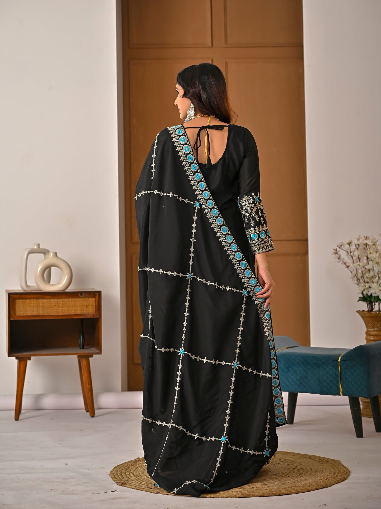 Black Embroidered Vichitra Silk Sharara Suit Set with Dupatta for Women