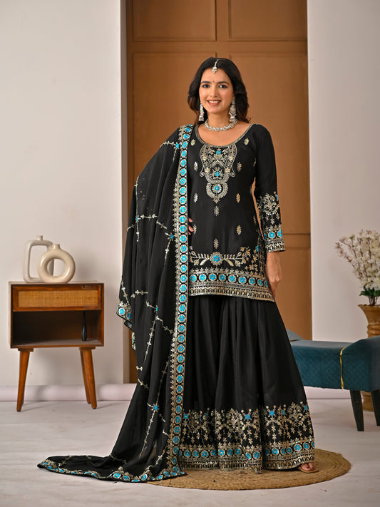 Black Embroidered Vichitra Silk Sharara Suit Set with Dupatta for Women