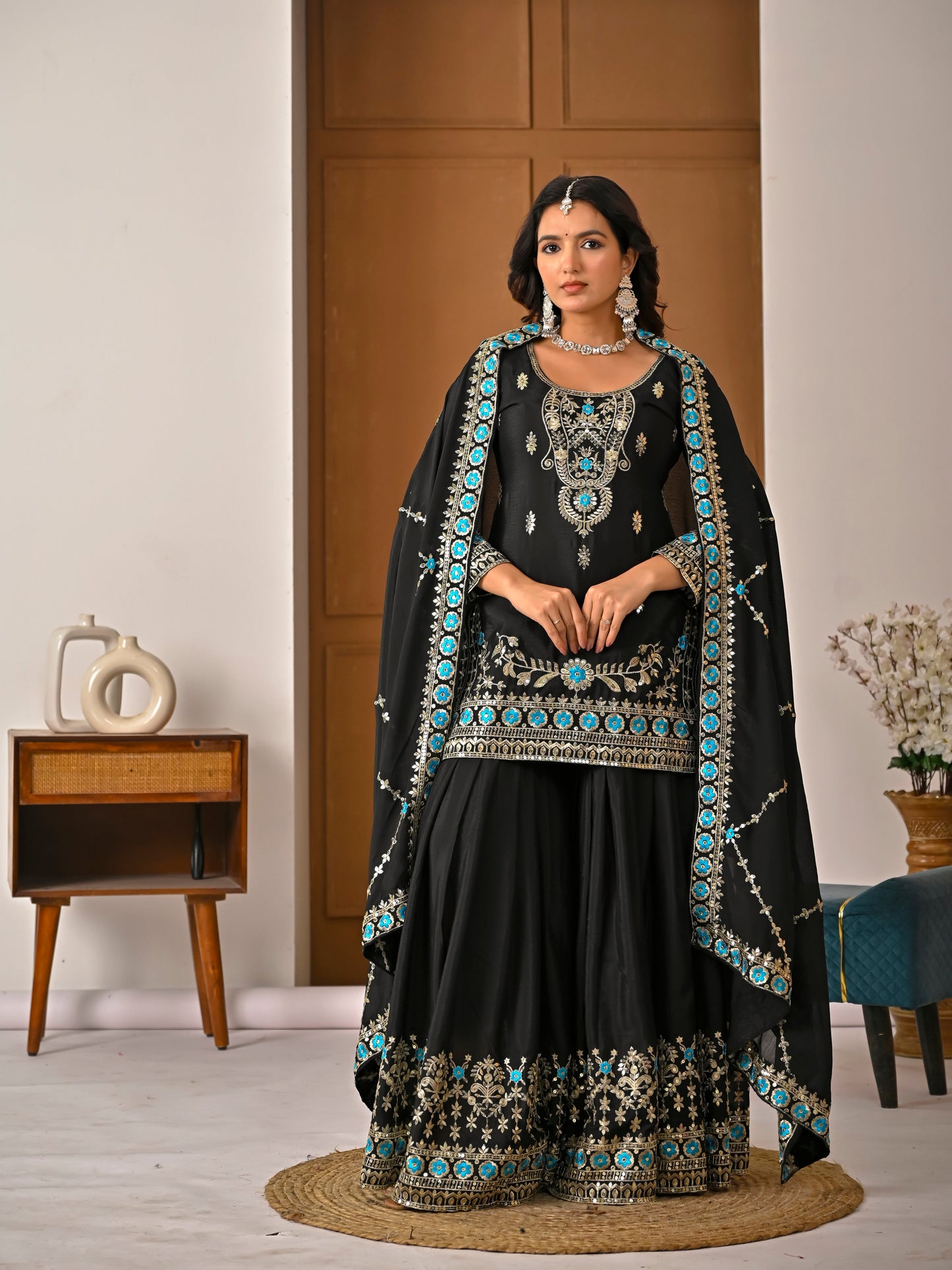 Black Embroidered Vichitra Silk Sharara Suit Set with Dupatta for Women