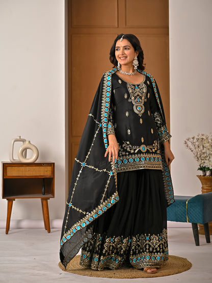 Black Embroidered Vichitra Silk Sharara Suit Set with Dupatta for Women