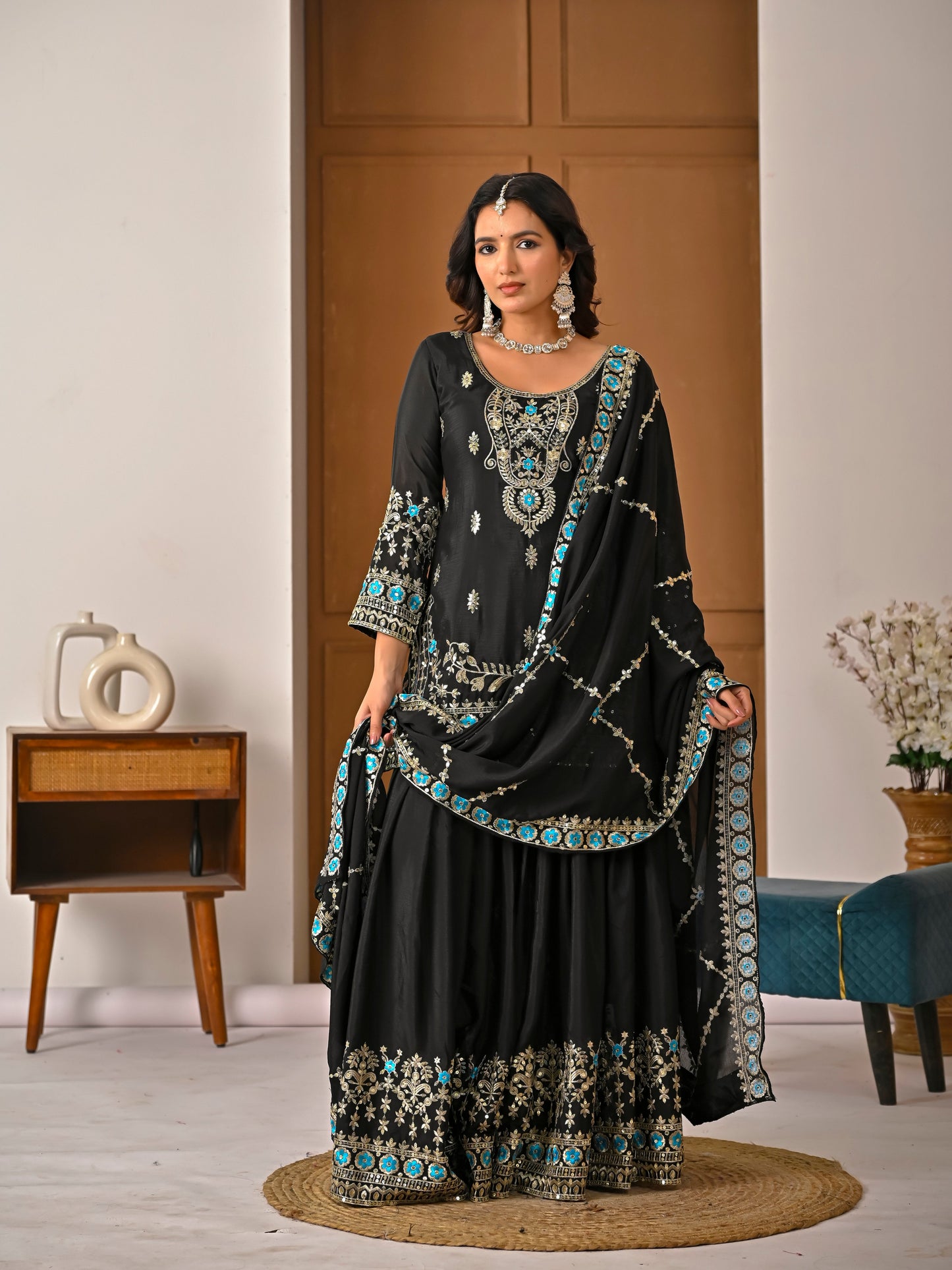 Black Embroidered Vichitra Silk Sharara Suit Set with Dupatta for Women