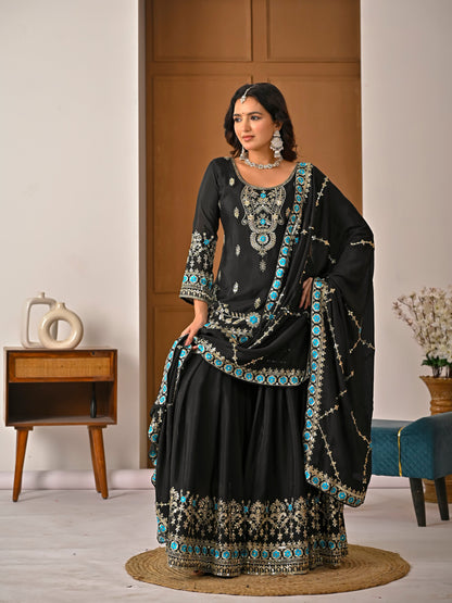 Black Embroidered Vichitra Silk Sharara Suit Set with Dupatta for Women