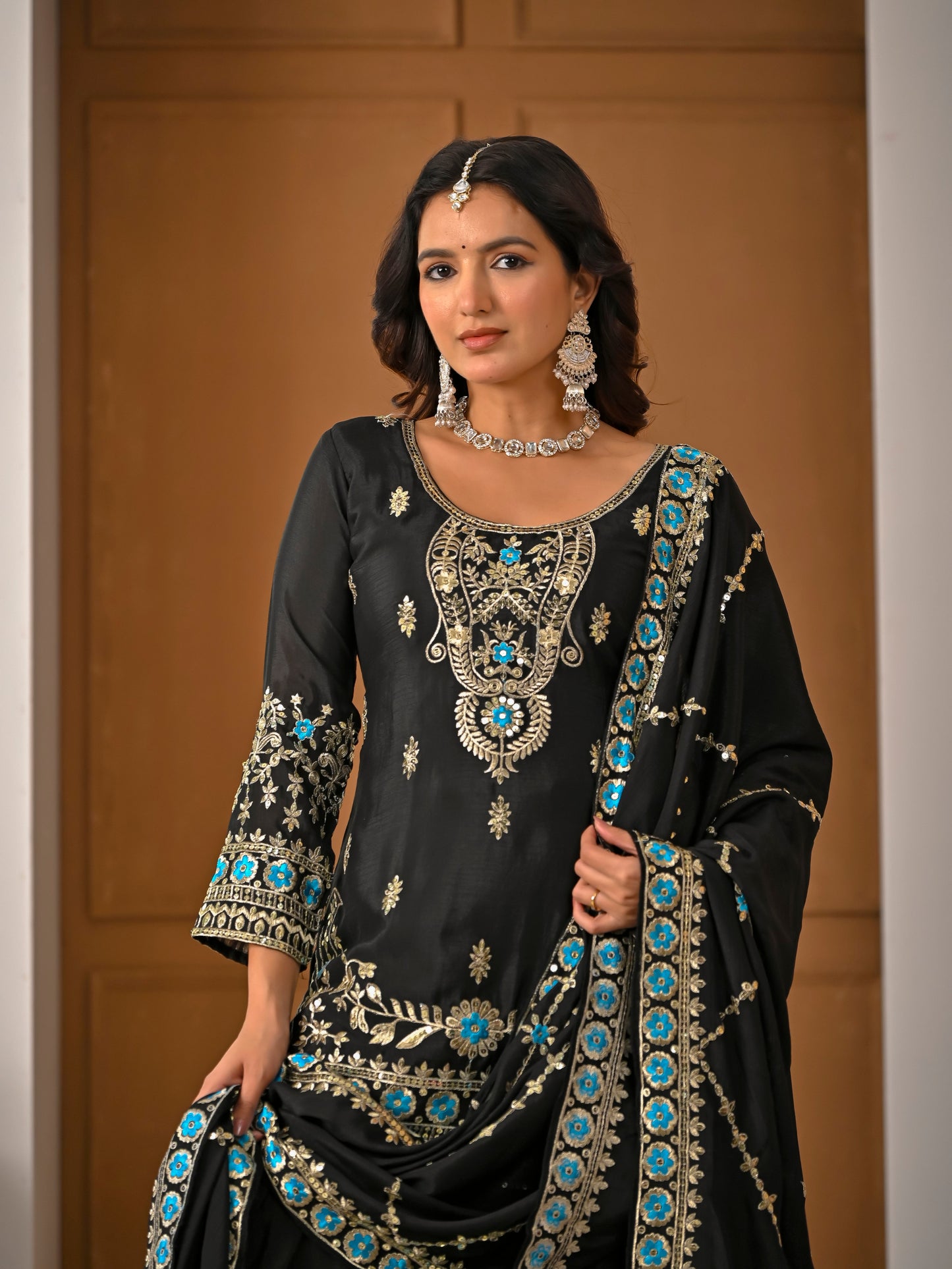Black Embroidered Vichitra Silk Sharara Suit Set with Dupatta for Women
