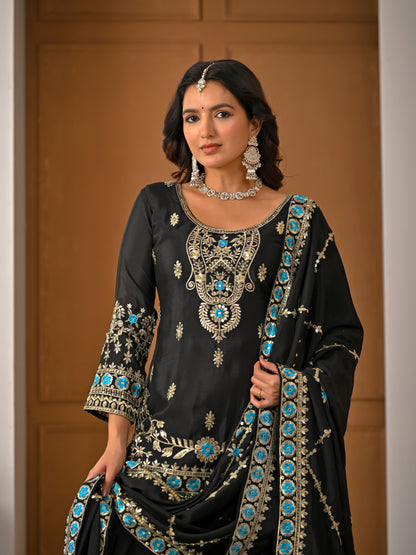 Black Embroidered Vichitra Silk Sharara Suit Set with Dupatta for Women