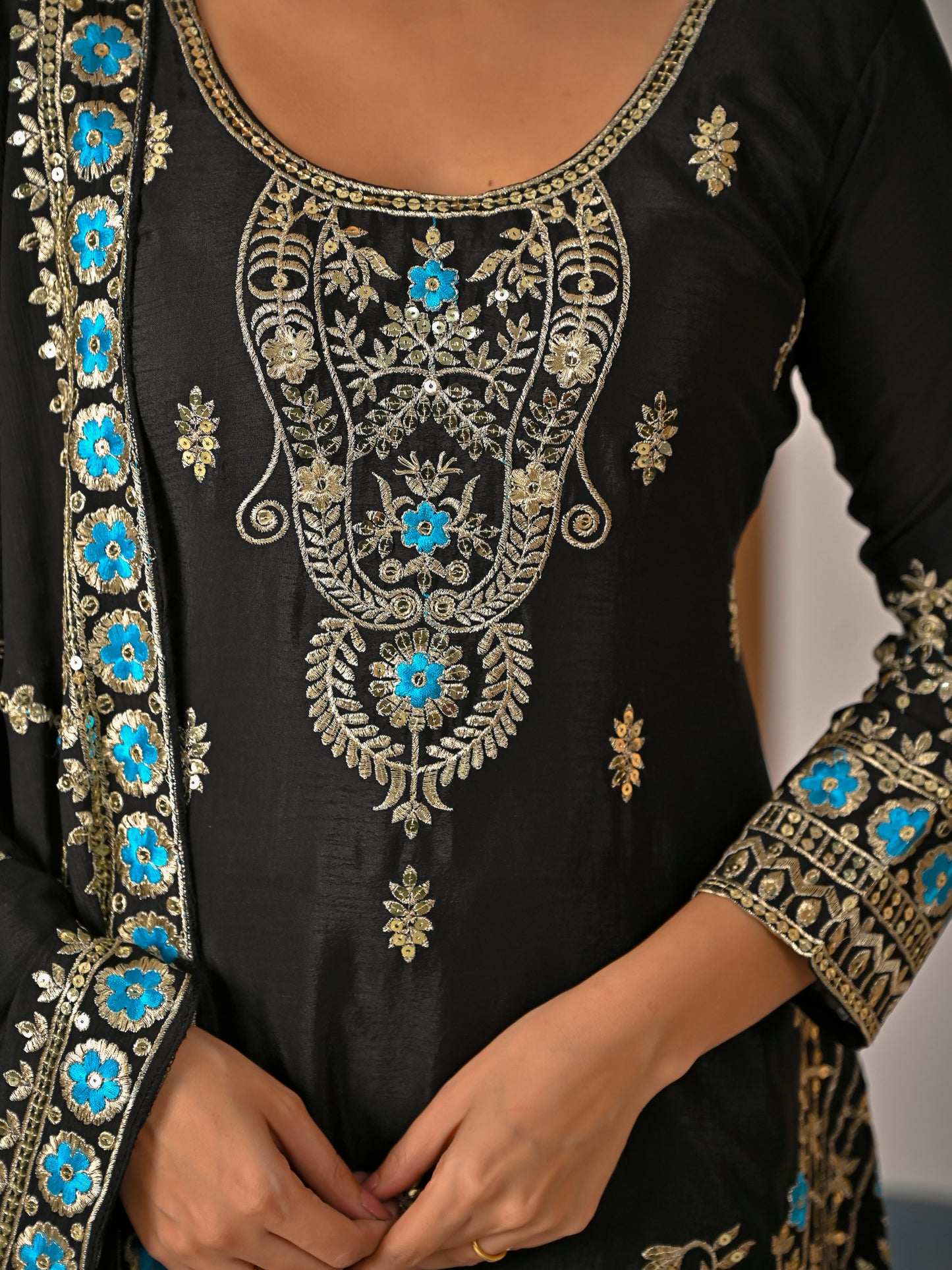 Black Embroidered Vichitra Silk Sharara Suit Set with Dupatta for Women