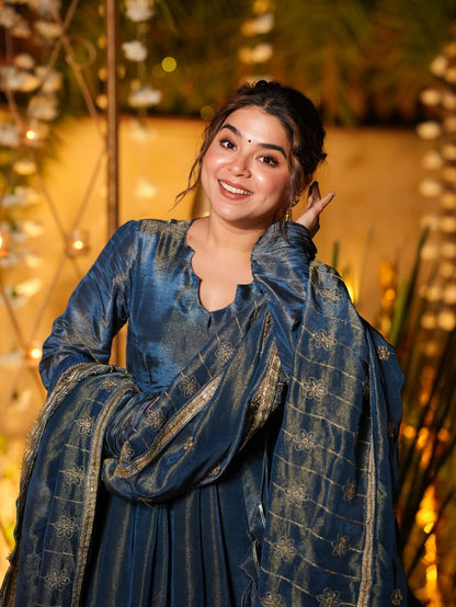 Premium NC Vichitra Silk Designer Anarkali Suit Set with 3.5 Mtr Flair & Embroidered Dupatta