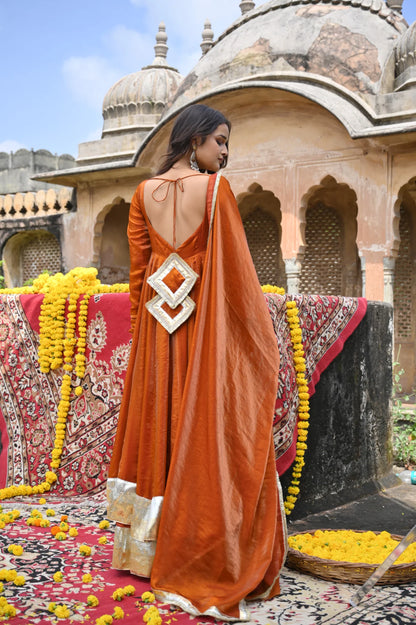 Rust Orange Fendy Silk Anarkali Palazzo Set | Avishkar Culture