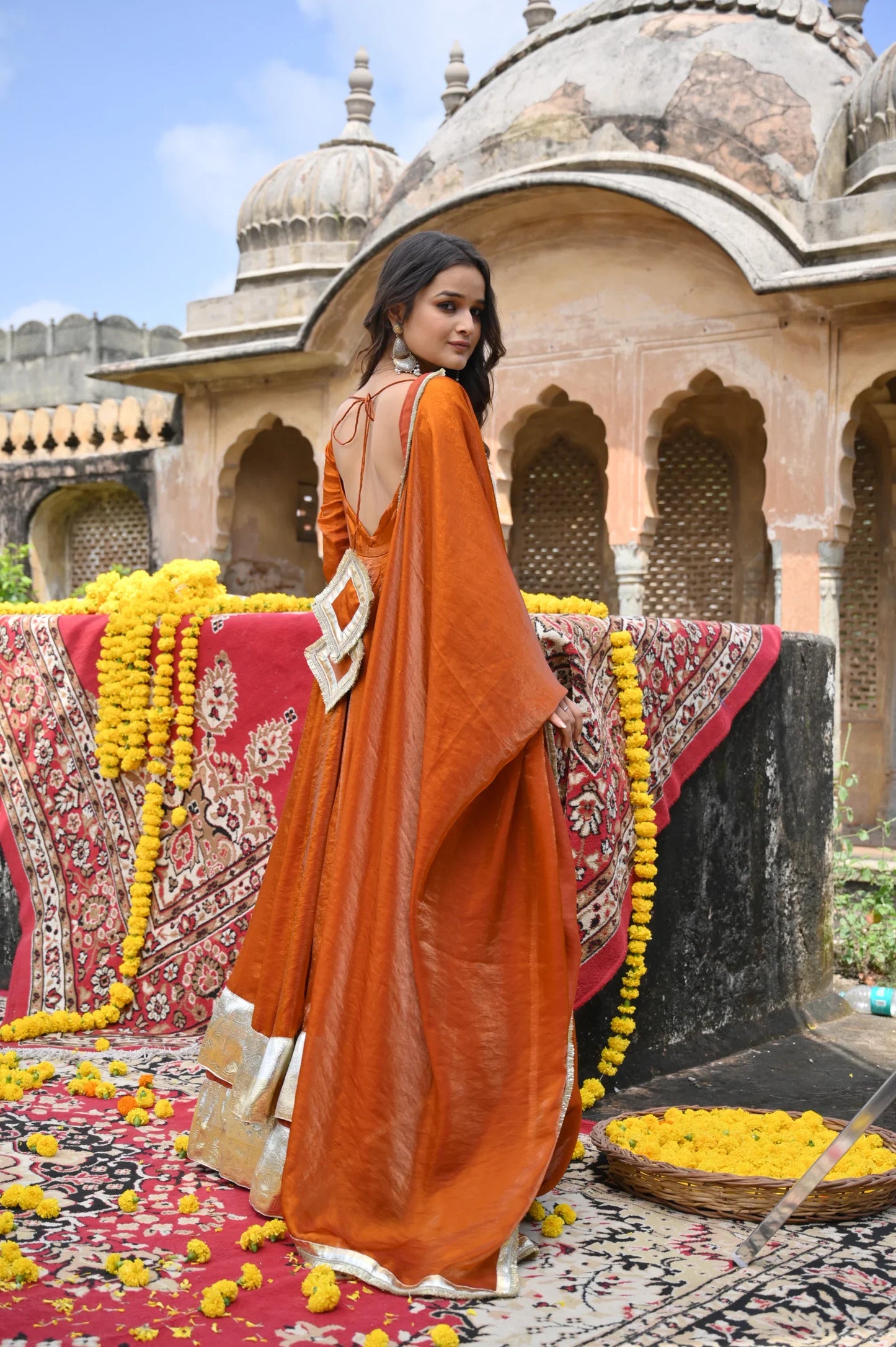 Rust Orange Fendy Silk Anarkali Palazzo Set | Avishkar Culture