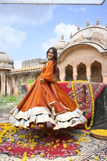 Rust Orange Fendy Silk Anarkali Palazzo Set | Avishkar Culture