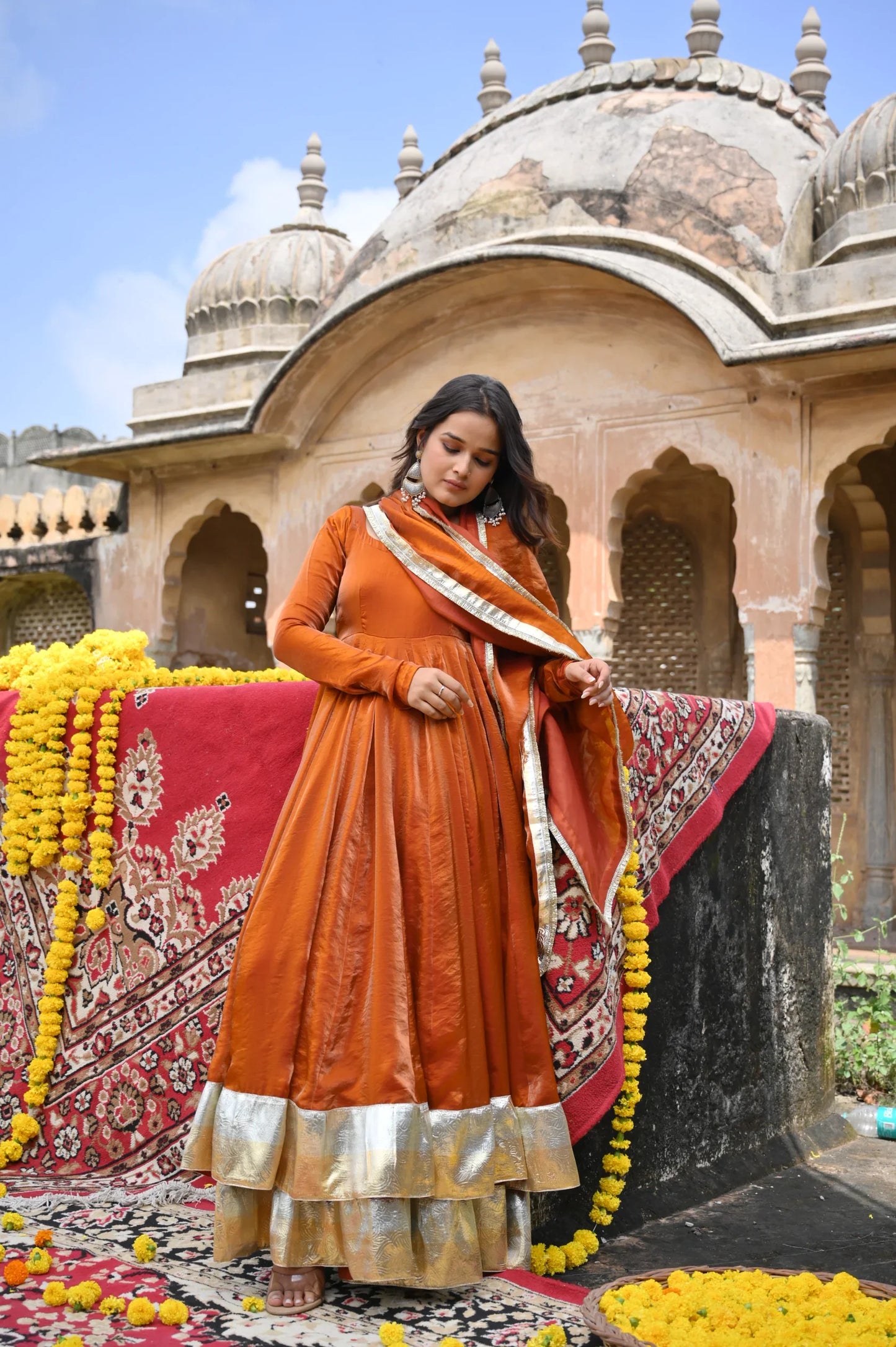 Rust Orange Fendy Silk Anarkali Palazzo Set | Avishkar Culture