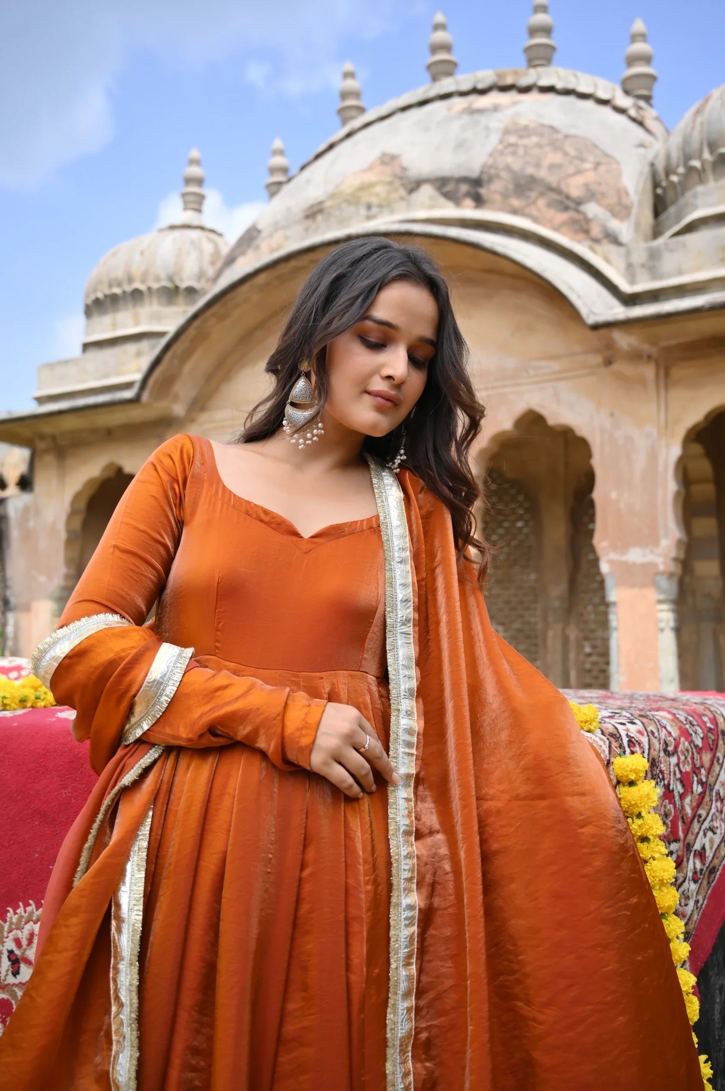 Rust Orange Fendy Silk Anarkali Palazzo Set | Avishkar Culture