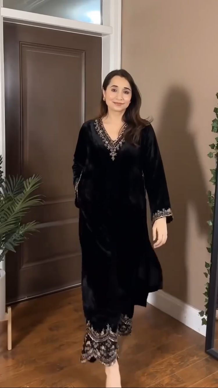 Premium Viscose Velvet Fancy Suit Set for Women – Designer Embroidered Kurta & Velvet Pants | Festive & Party Wear | Avishkar Culture